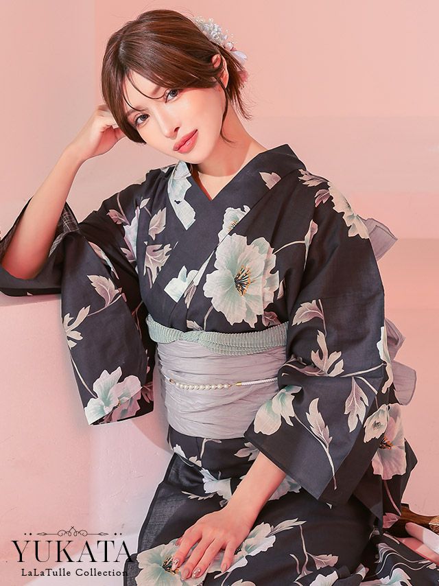 浴衣 ダークグレー フラワー 妖艶 ゆかた2点SET
