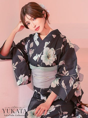 浴衣 ダークグレー フラワー 妖艶 ゆかた2点SET
