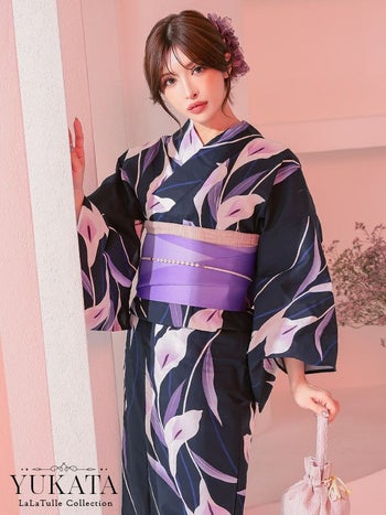 浴衣 濃紺 菖蒲の花 パープル ゆかた3点SET