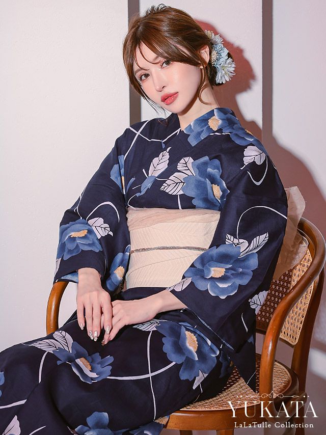 浴衣 紺地 椿 妖艶 クリーム色 ゆかた2点SET