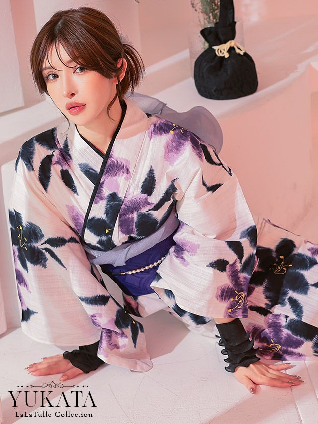 浴衣 白地 百合 水彩 ゆかた3点SET