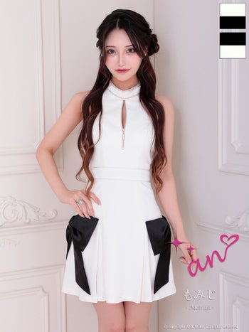 キャバドレス フレアミニドレス an アン リボン　ビジュー ホルターネック ジップデザイン