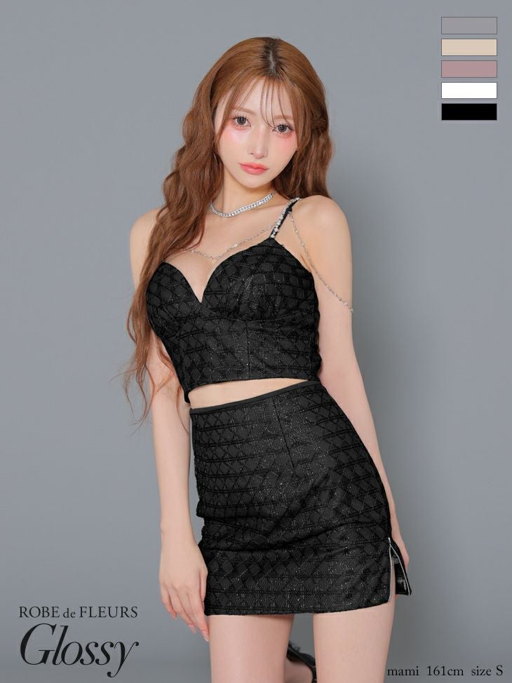 キャバドレス Glossy ROBE de FLEURS グロッシー ローブドフルール ラメツイル セットアップ キャミソール ゴールドチェーン セクシー タイトミニドレス 