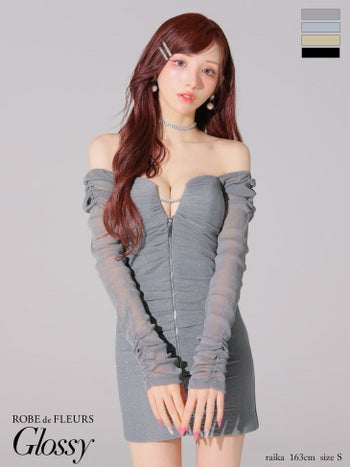 キャバドレス Glossy ROBE de FLEURS グロッシー ローブドフルール オフショルダー ジップデザイン 長袖 ラメチュール タイトミニドレス 