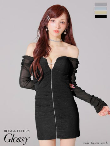 キャバドレス Glossy ROBE de FLEURS グロッシー ローブドフルール ラメチュール ジップデザイン オフショルダー 長袖 タイトミニドレス 