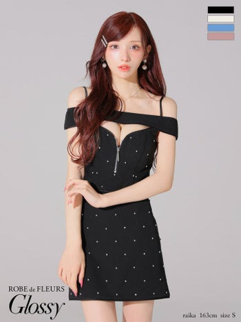 キャバドレス Glossy by ROBE de FLEURS グロッシー セクシー バストカット ジップデザイン 肩あき ビジュー セットアップ タイトミニドレス