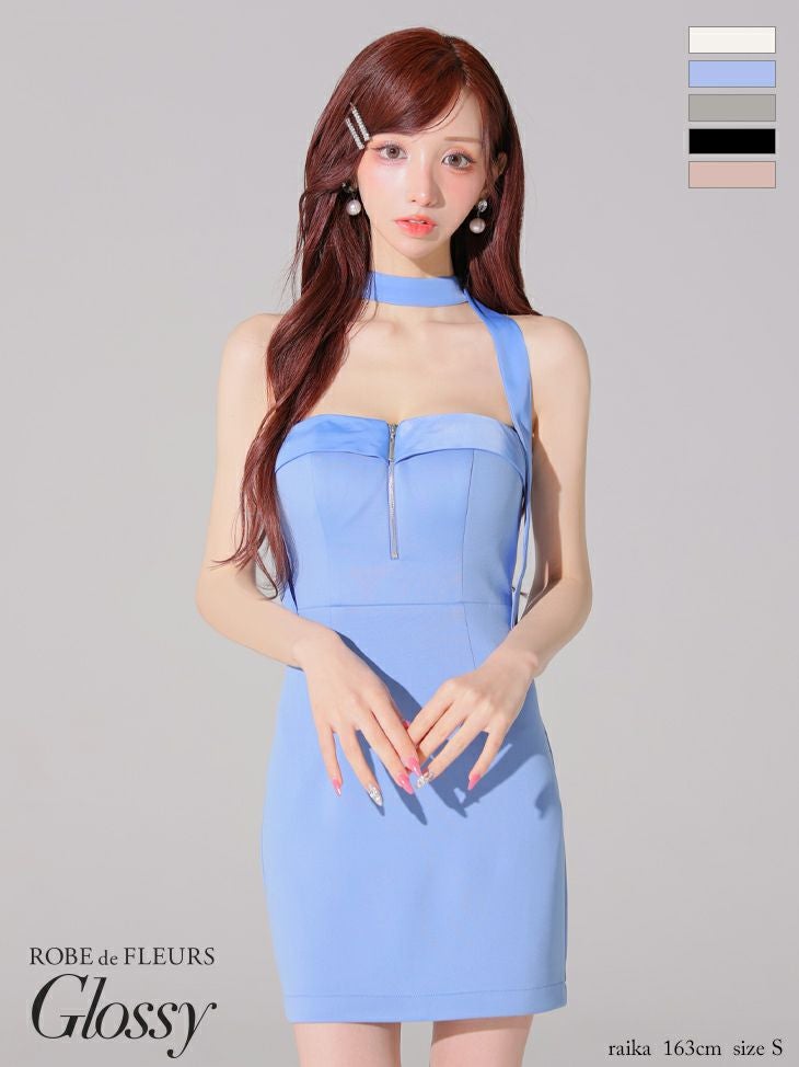 キャバドレス Glossy ROBE de FLEURS グロッシー ローブドフルール ホルターネック ジップデザイン 2way チョーカー風 ワンカラー タイトミニドレス 