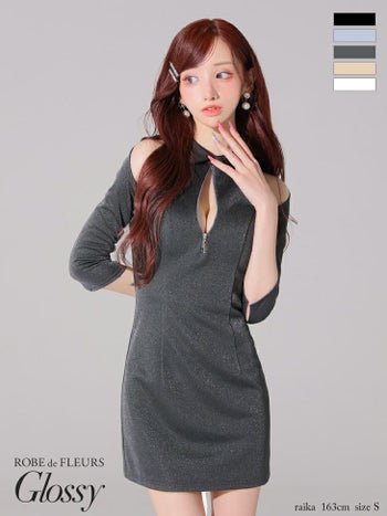 キャバドレス Glossy by ROBE de FLEURS グロッシー 襟デザイン 肩あき 袖あり セクシー ジップデザイン タイトミニドレス