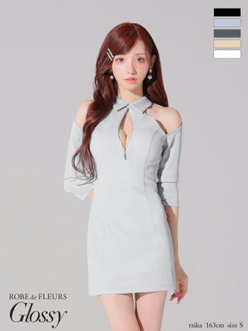 キャバドレス Glossy by ROBE de FLEURS グロッシー 袖あり セクシー ジップデザイン 襟デザイン 肩あき タイトミニドレス