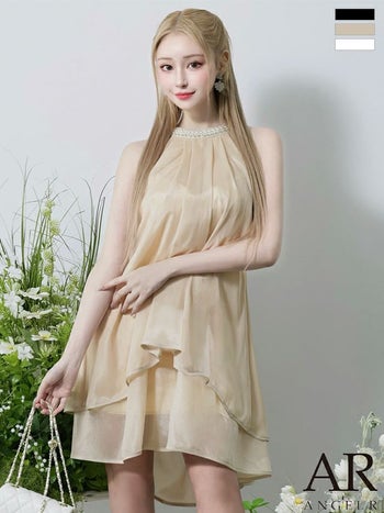 キャバドレス Angel R エンジェルアール ウエストベルト ビジュー シフォン パール ホルターネック フレアミニドレス