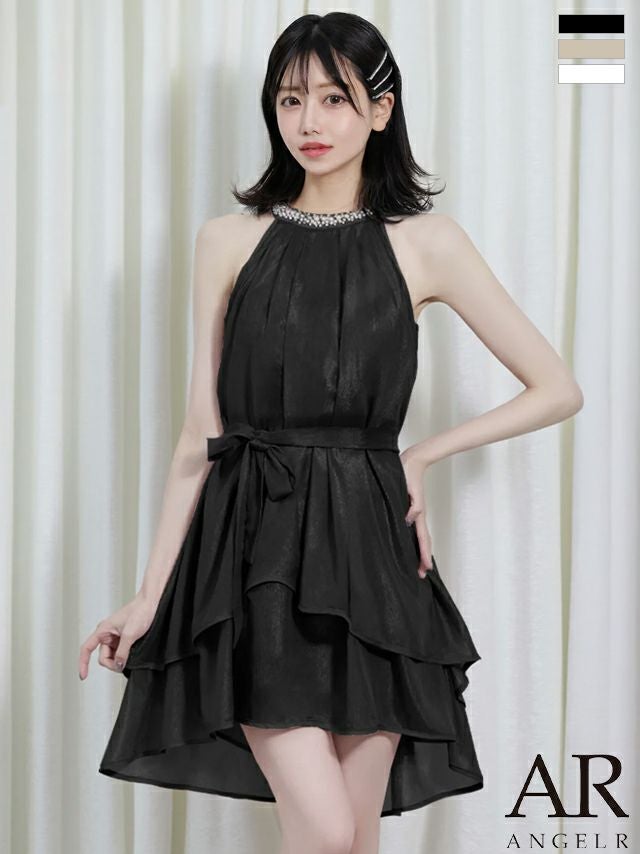 キャバドレス Angel R エンジェルアール ホルターネック ウエストベルト シフォン ビジュー パール フレアミニドレス