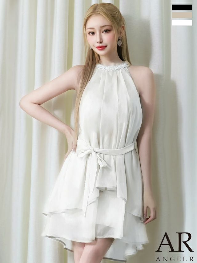 キャバドレス Angel R エンジェルアール シフォン ビジュー ホルターネック ウエストベルト パール フレアミニドレス