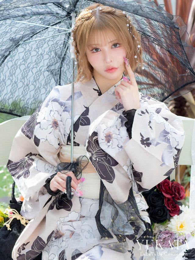 浴衣 ベージュ地 牡丹柄 ガーリー ゆかた2点SET