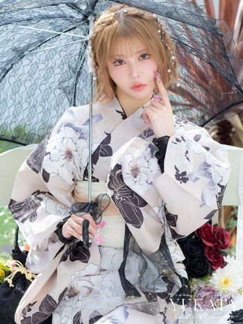 浴衣 ベージュ地 牡丹柄 ガーリー ゆかた2点SET