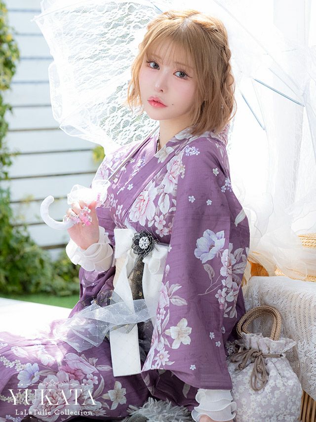 浴衣 ラズベリー地 アンティーク調 フラワー ガーリー ゆかた3点SET 