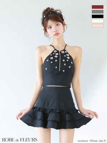 キャバドレス ROBEdeFLEURS ローブドフルール セットアップ ジップデザイン ホルターネック ビジュー フレアミニドレス