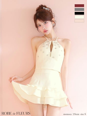 キャバドレス ROBEdeFLEURS ローブドフルール ホルターネック セットアップ ビジュー ジップデザイン フレアミニドレス 