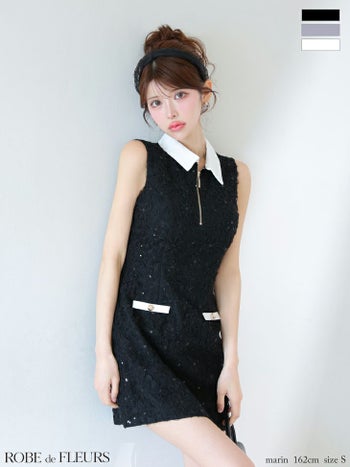 キャバドレス ROBEdeFLEURS ローブドフルール ノースリーブ ジップデザイン 襟付き レース サテン フレアミニドレス