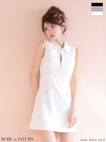 キャバドレス ROBEdeFLEURS ローブドフルール レース サテン 襟付き ノースリーブ ジップデザイン フレアミニドレス