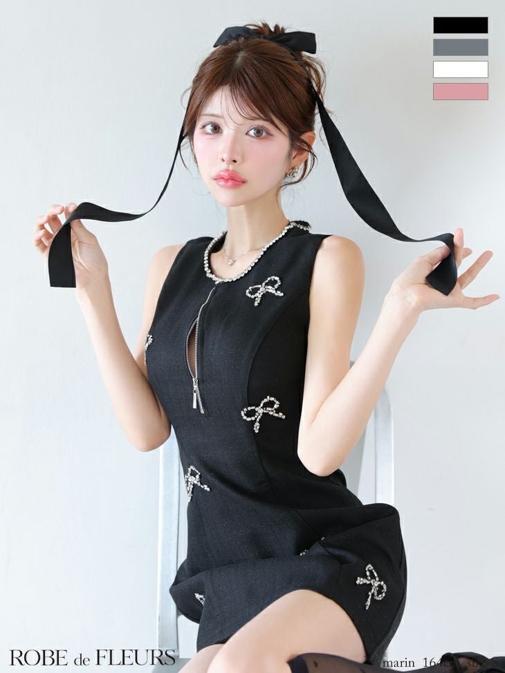 キャバドレス ROBEdeFLEURS ローブドフルール ノースリーブ ビジュー ジップデザイン リボン フレアミニドレス 