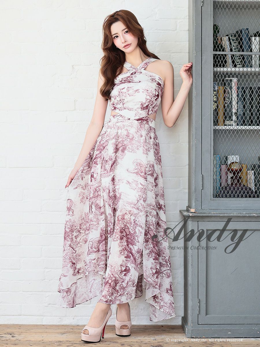 キャバドレス Andy アンディ ウエストカット シースルー ニュアンス ホルターネック Aラインロングドレス