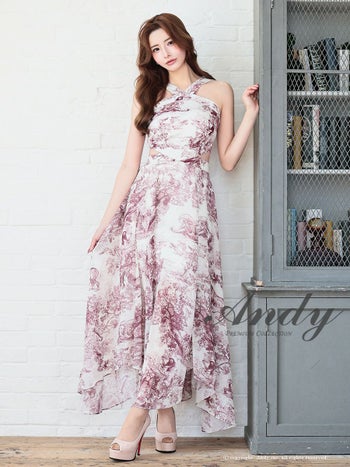 キャバドレス Andy アンディ ウエストカット シースルー ニュアンス ホルターネック Aラインロングドレス