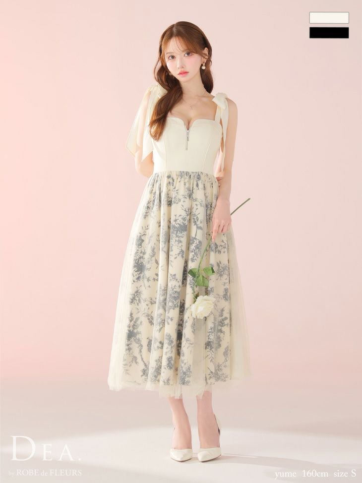 キャバドレス DEA. ROBE de FLEURS ディア ローブドフルール 花柄 チュール 肩リボン ジップデザイン ノースリーブ Aラインロングドレス 