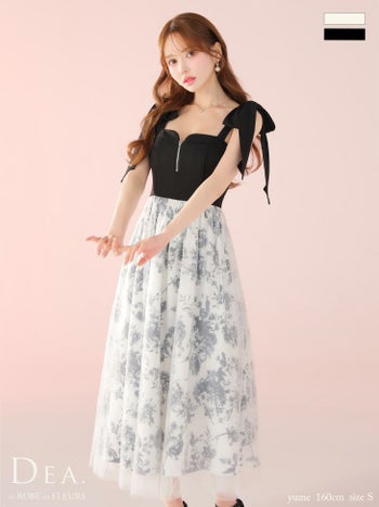 キャバドレス DEA. ROBE de FLEURS ディア ローブドフルール ジップデザイン ノースリーブ 花柄 チュール 肩リボン Aラインロングドレス