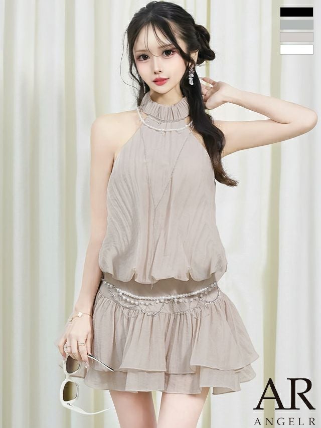 キャバドレス Angel R エンジェルアール チェーン ウエストベルト ビジュー パール フェミニン ホルターネック フレアミニドレス
