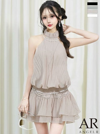 キャバドレス Angel R エンジェルアール チェーン ウエストベルト ビジュー パール フェミニン ホルターネック フレアミニドレス
