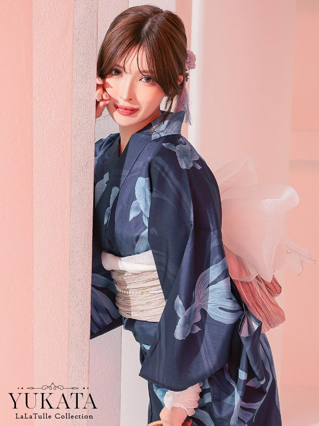 浴衣 紺地 金魚柄 流水 ゆかた3点SET