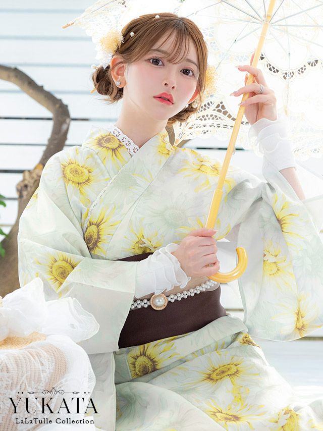 浴衣 白地 水彩 ひまわり柄 ガーリー ゆかた3点SET