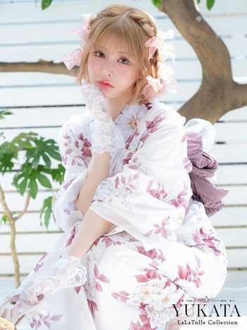 浴衣 白地 牡丹柄 ガーリー ゆかた3点SET