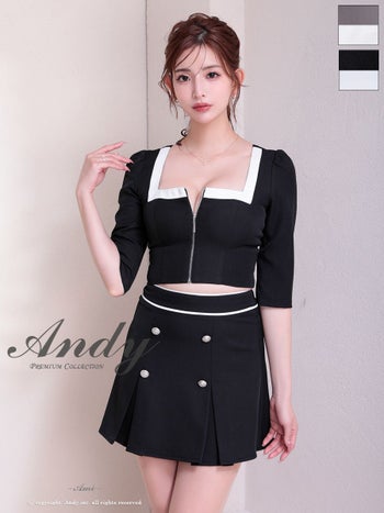 キャバドレス Andy アンディ 袖あり プリーツ ジップデザイン セットアップ 飾りボタン スクエアネック バイカラー フレアミニドレス