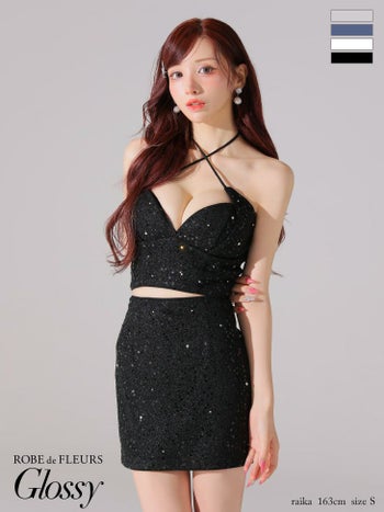 キャバドレス Glossy ROBE de FLEURS グロッシー ローブドフルール スパンコール ホルターネック セットアップ ラメツイル タイトミニドレス 