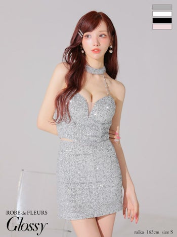 キャバドレス Glossy ROBE de FLEURS グロッシー ローブドフルール スパンコール セットアップ チョーカー バストカット ホルターネック タイトミニドレス 