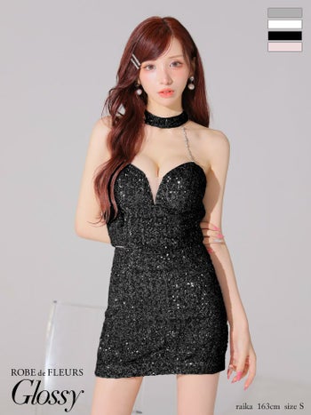 キャバドレス Glossy ROBE de FLEURS グロッシー ローブドフルール バストカット スパンコール ホルターネック セットアップ チョーカー タイトミニドレス 