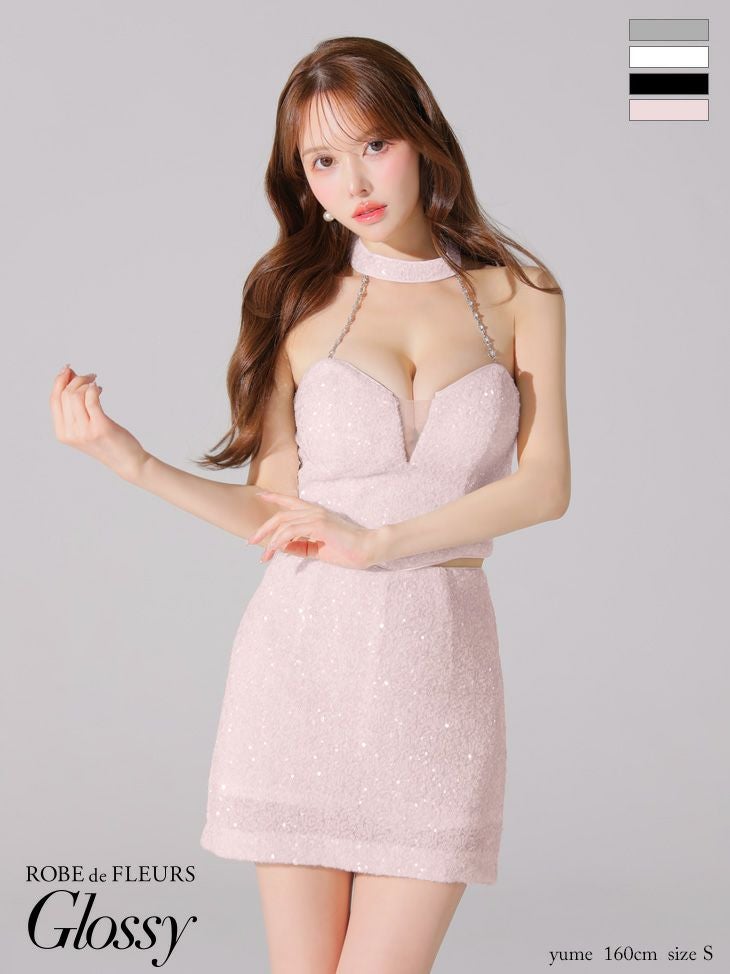 キャバドレス Glossy ROBE de FLEURS グロッシー ローブドフルール バストカット ホルターネック スパンコール セットアップ チョーカー タイトミニドレス 