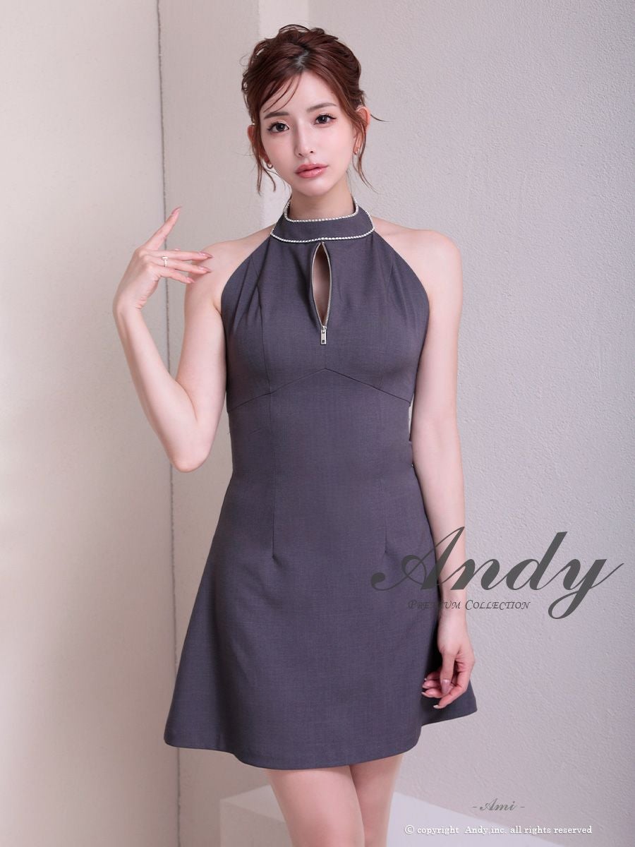 キャバドレス フレアミニドレス Andy　アンディ ハイネック バイカラー バックカット リボン ホルターネック ジップデザイン ビジュー