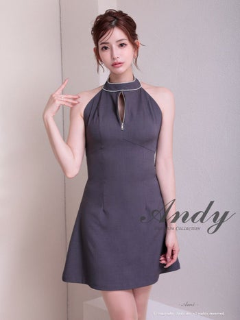 キャバドレス フレアミニドレス Andy　アンディ ハイネック バイカラー バックカット リボン ホルターネック ジップデザイン ビジュー