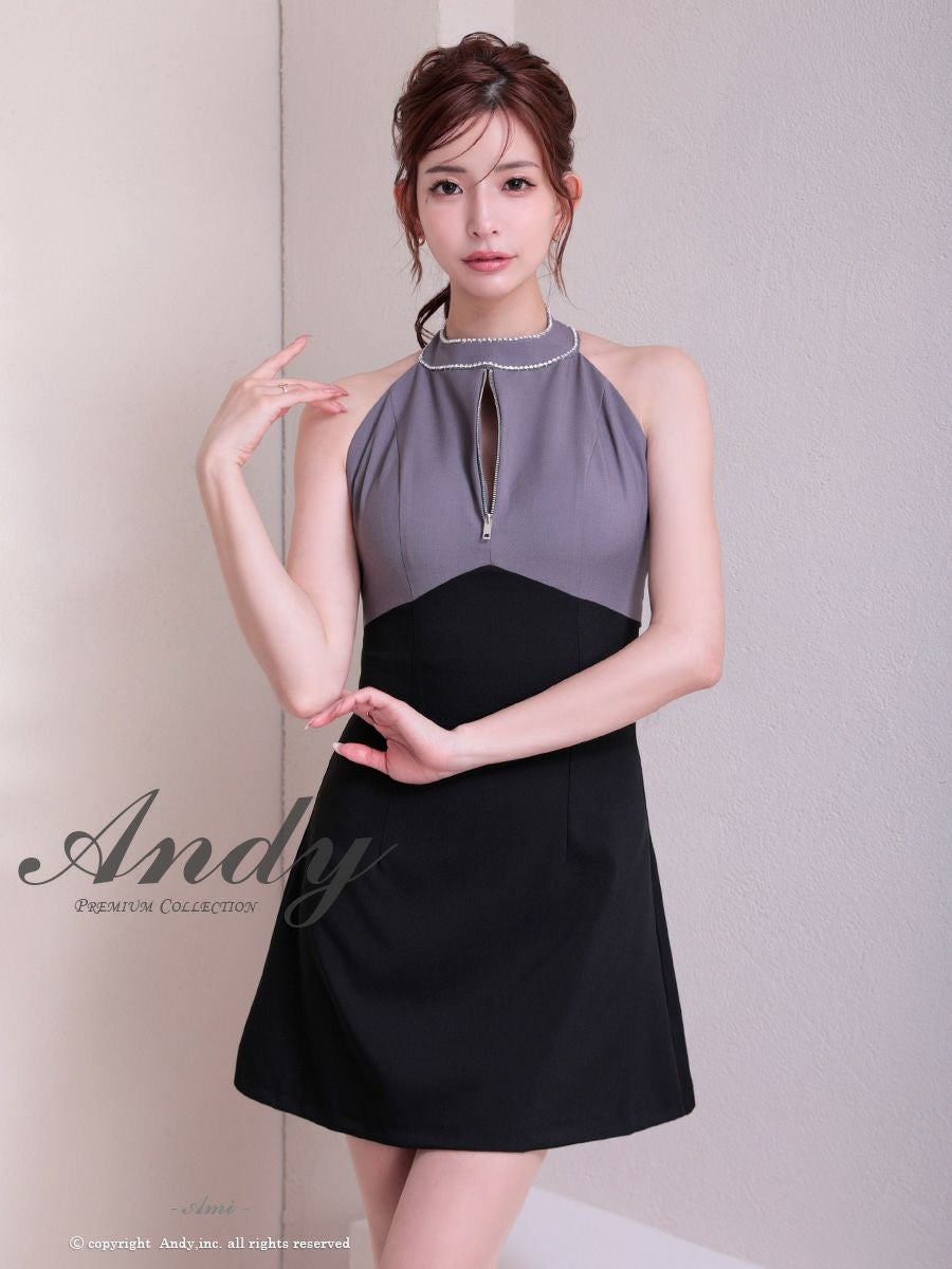 キャバドレス フレアミニドレス Andy　アンディ ジップデザイン ハイネック バイカラー バックカット リボン ホルターネック ビジュー