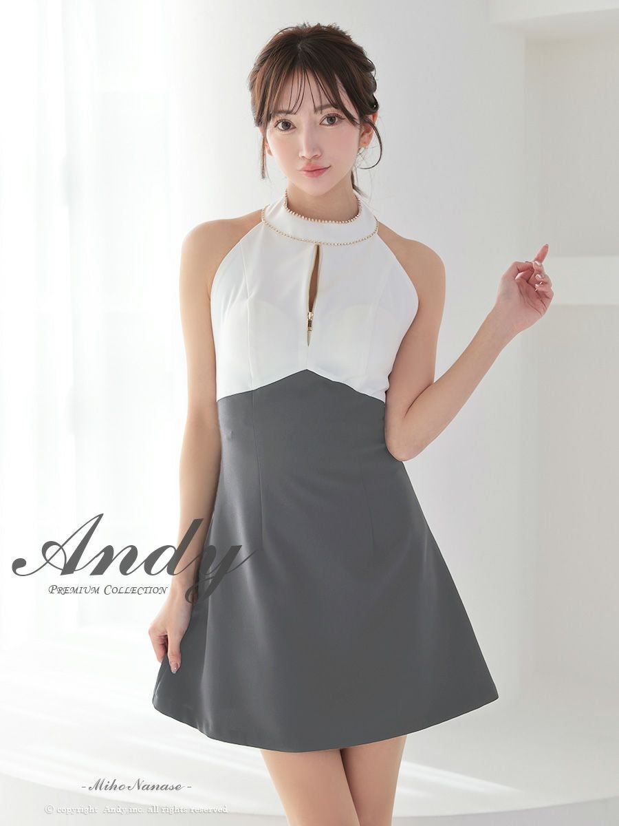 キャバドレス フレアミニドレス Andy アンディ ビジュー ジップデザイン ハイネック バイカラー バックカット リボン ホルターネック