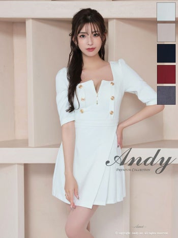 キャバドレス フレアミニドレス Andy アンディ 飾りボタン ジップデザイン 袖あり プリーツ リボン カットデザイン スクエアネック