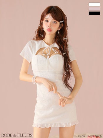 キャバドレス ROBEdeFLEURS ローブドフルール カットデザイン ビジュー ワッフル 半袖 リボン タイトミニドレス
