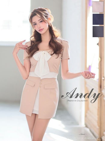 キャバドレス タイトミニドレス Andy アンディ ボボウタイ 半袖 飾りポケット 飾りボタン スクエアネック バイカラー セットアップ