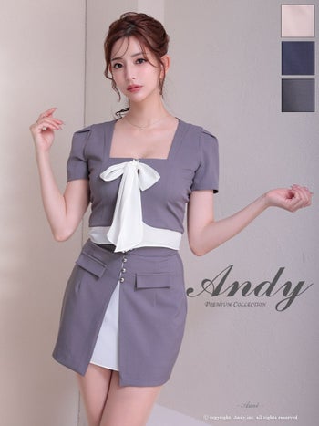 キャバドレス タイトミニドレス Andy アンディ 半袖 ボウタイ 飾りポケット 飾りボタン スクエアネック バイカラー セットアップ