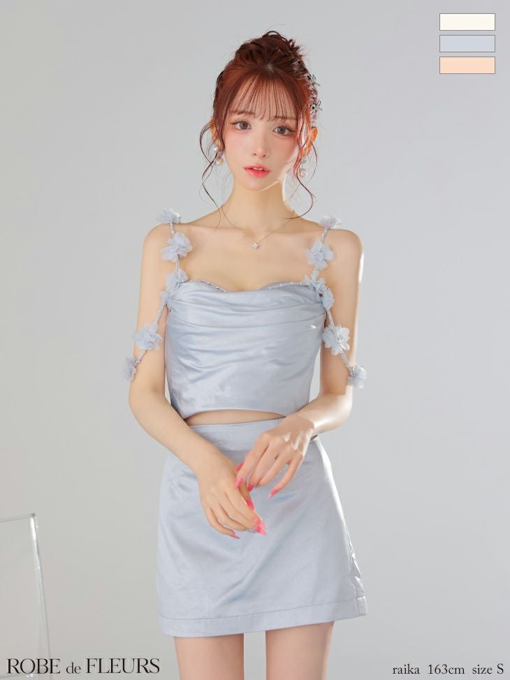キャバドレス ROBEdeFLEURS ローブドフルール サテン フラワーストラップ キャミソール セットアップ タイトミニドレス