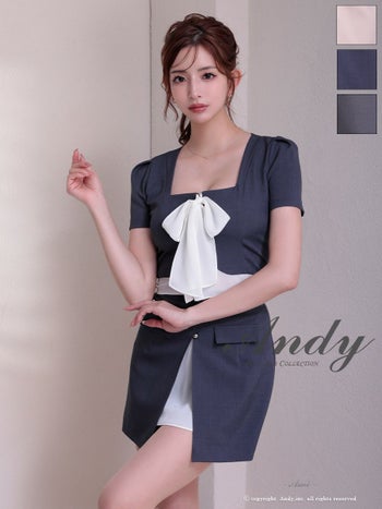 キャバドレス タイトミニドレス Andy アンディ 飾りポケット 半袖 ボウタイ 飾りボタン スクエアネック バイカラー セットアップ