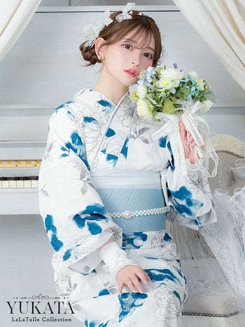 浴衣 白地 線画 水彩 くすみ ガーリー ゆかた2点SET