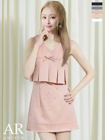 キャバドレス Angel R エンジェルアール リボン ビジュー ノースリーブ プリーツ パール フレアミニドレス